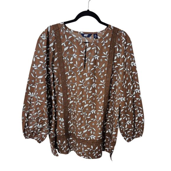 Lands' End Cotton Long Sleeve Split Neck Tunic Top‎ Women's 1X 16-18 Brown Lace - Picture 4 of 8